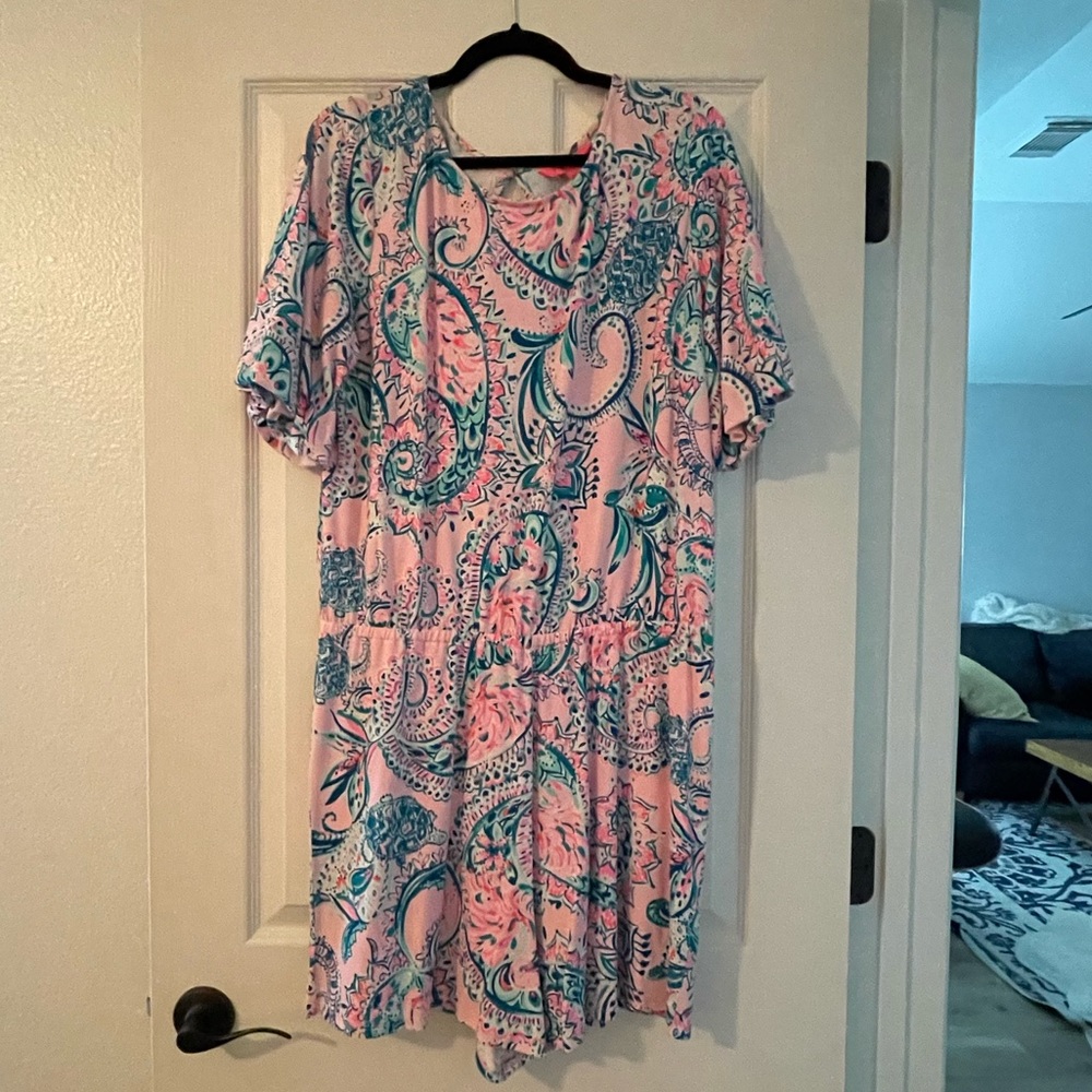 Lilly Pulitzer Britton Romper In Pink Tropics Tint Tangerine Dream